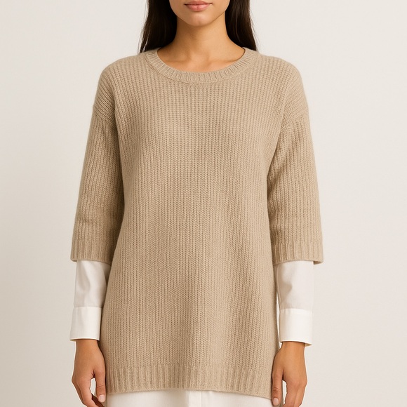 Brochu Walker Layered Look Wool Cashmere Sweater Dress Beige Size Medium - Picture 1 of 7